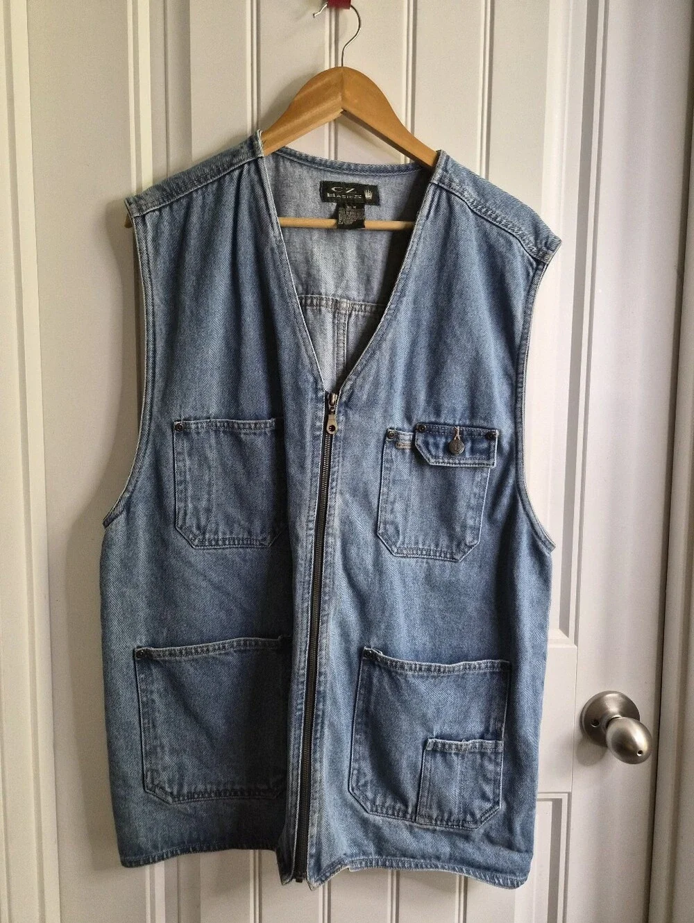 Vintage CZ Basics Mens Vest Blue Denim 90s Front Pocket Biker Grunge 2 Pac Boho